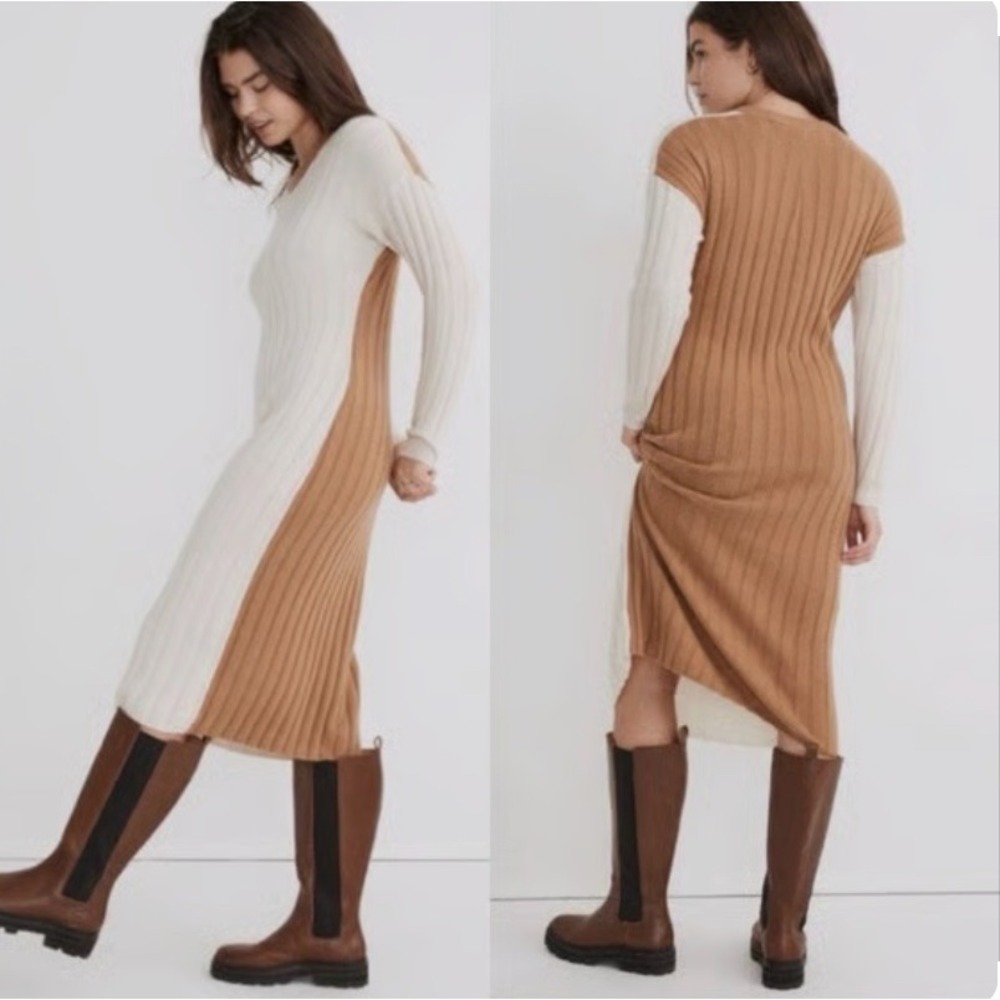 Madewell‎ Wool Alpaca Ribbed Midi Sweater Dress Cream Brown M